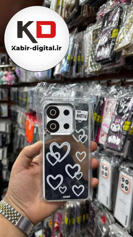 قاب گوشی Redmi Note 13 4G شیائومی اورجینال فانتزی سخت آینه ای لنز کرومی ایربگ دار طرح قلب سفید کیوت