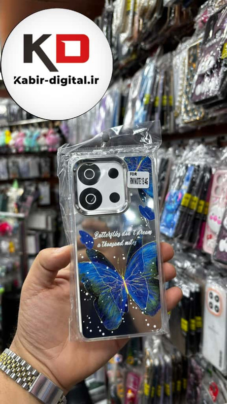 قاب گوشی Redmi Note 13 4G شیائومی اورجینال فانتزی سخت آینه ای لنز کرومی ایربگ دار طرح پروانه آبی کیوت