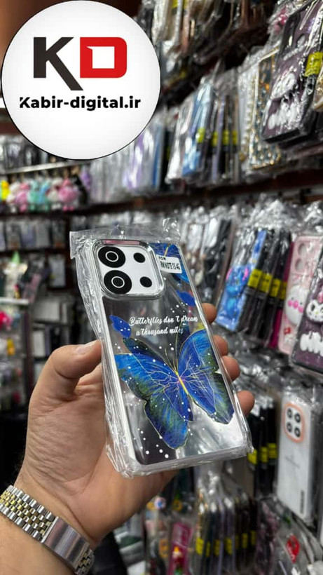 قاب گوشی Redmi Note 13 4G شیائومی اورجینال فانتزی سخت آینه ای لنز کرومی ایربگ دار طرح پروانه آبی کیوت