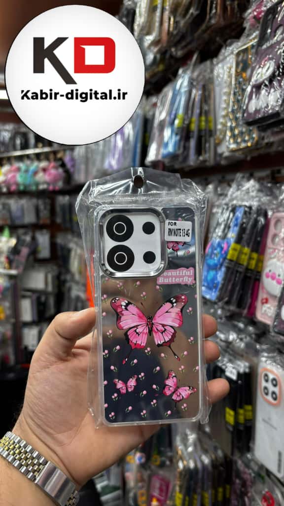 قاب گوشی Redmi Note 13 4G شیائومی اورجینال فانتزی سخت آینه ای لنز کرومی ایربگ دار طرح پروانه صورتی کیوت
