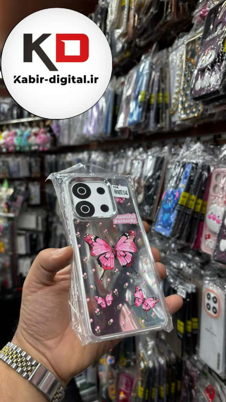 قاب گوشی Redmi Note 13 4G شیائومی اورجینال فانتزی سخت آینه ای لنز کرومی ایربگ دار طرح پروانه صورتی کیوت