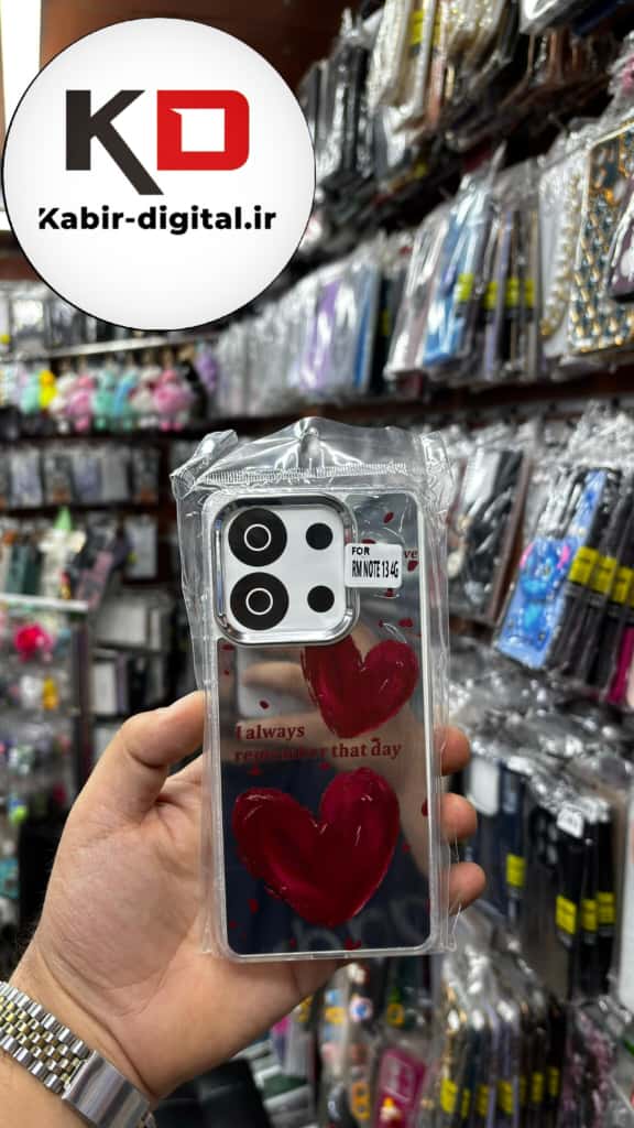 قاب گوشی Redmi Note 13 4G شیائومی اورجینال فانتزی سخت آینه ای لنز کرومی ایربگ دار طرح قلب قرمز کیوت