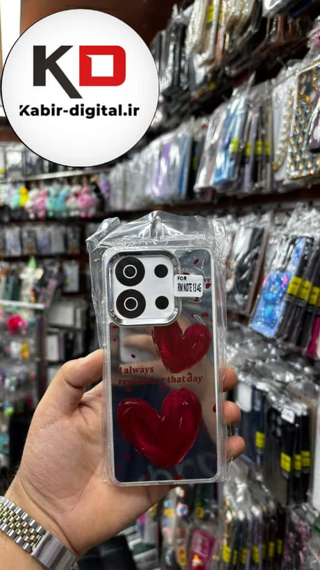 قاب گوشی Redmi Note 13 4G شیائومی اورجینال فانتزی سخت آینه ای لنز کرومی ایربگ دار طرح قلب قرمز کیوت