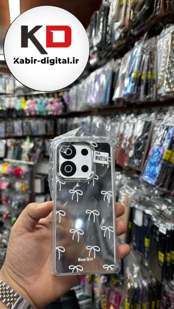قاب گوشی Redmi Note 13 4G شیائومی اورجینال فانتزی سخت آینه ای لنز کرومی ایربگ دار طرح پاپیون سفید کیوت