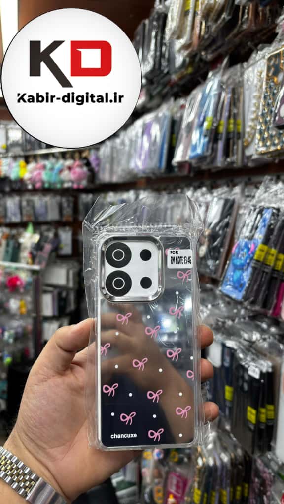 قاب گوشی Redmi Note 13 4G شیائومی اورجینال فانتزی سخت آینه ای لنز کرومی ایربگ دار طرح پاپیون صورتی کیوت