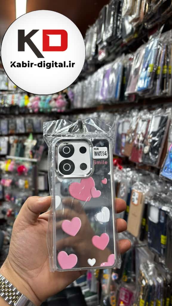 قاب گوشی Redmi Note 13 4G شیائومی اورجینال فانتزی سخت آینه ای لنز کرومی ایربگ دار طرح قلب صورتی کیوت