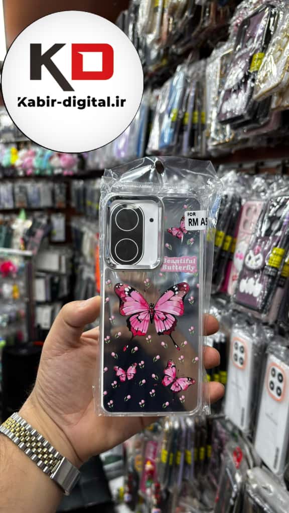 قاب گوشی Redmi A5 / POCO C71 شیائومی اورجینال فانتزی سخت آینه ای لنز کرومی ایربگ دار طرح پروانه صورتی  کیوت