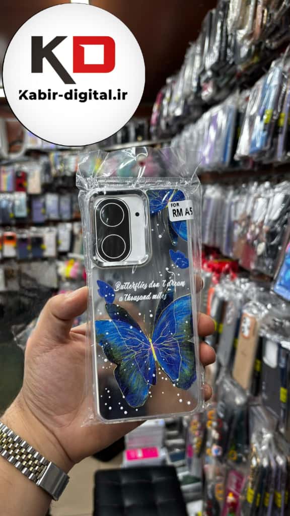 قاب گوشی Redmi A5 / POCO C71 شیائومی اورجینال فانتزی سخت آینه ای لنز کرومی ایربگ دار طرح پروانه آبی کیوت