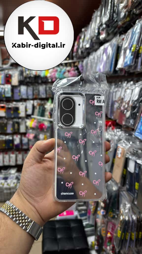 قاب گوشی Redmi A5 / POCO C71 شیائومی اورجینال فانتزی سخت آینه ای لنز کرومی ایربگ دار طرح پاپیون صورتی  کیوت