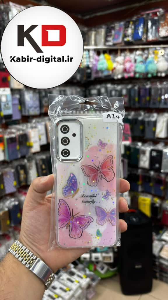 قاب گوشی Galaxy A14 سامسونگ لاکچری فانتزی رزینی طرح پروانه لنز کرومی