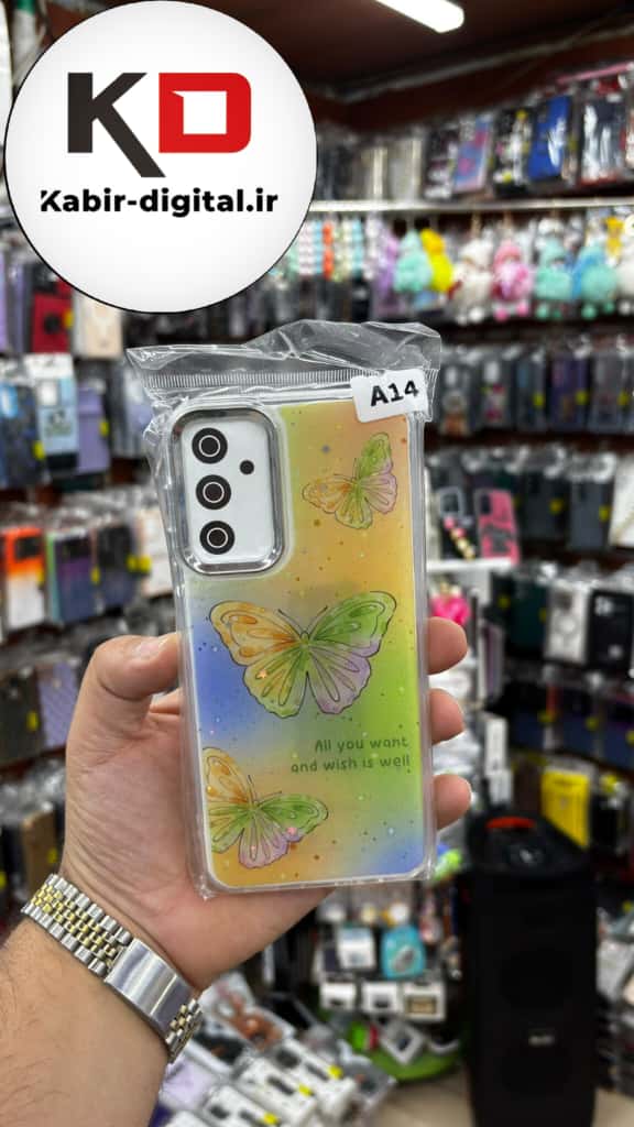 قاب گوشی Galaxy A14 سامسونگ لاکچری فانتزی رزینی طرح پروانه لنز کرومی