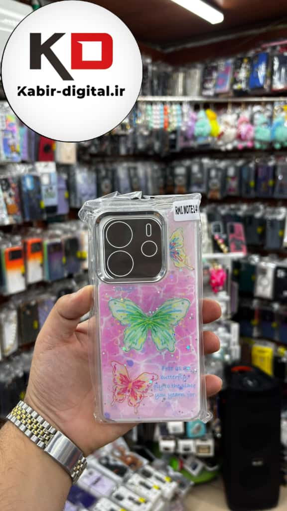 قاب گوشی  Redmi Note 14 4g شیائومی لاکچری فانتزی رزینی طرح پروانه لنز کرومی