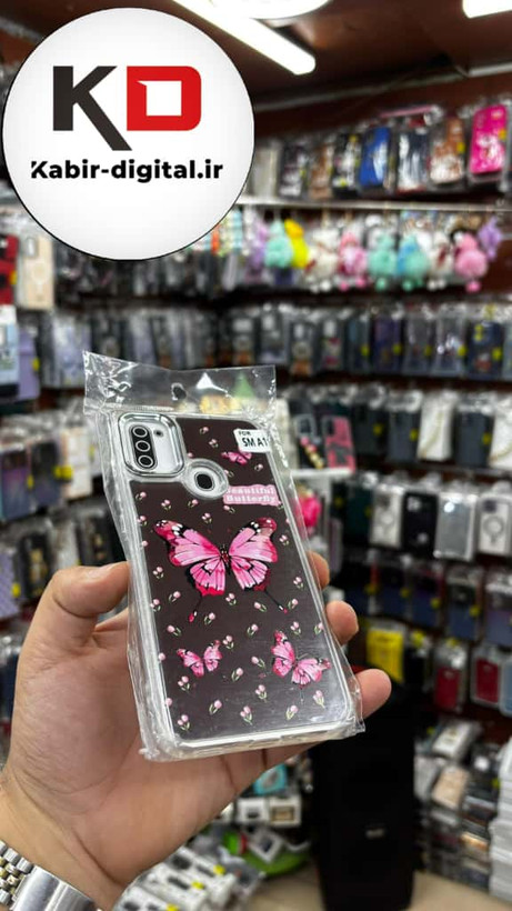 قاب گوشی Galaxy A11/M11 سامسونگ اورجینال فانتزی سخت آینه ای لنز کرومی ایربگ دار طرح پروانه صورتی کیوت