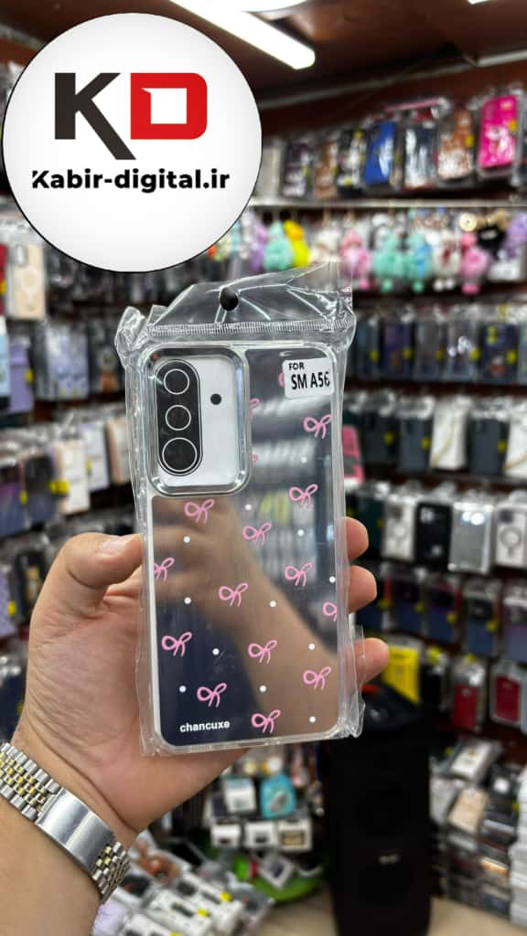 قاب گوشی Galaxy A36/A56 سامسونگ اورجینال فانتزی سخت آینه ای لنز کرومی ایربگ دار طرح پاپیون صورتی کیوت