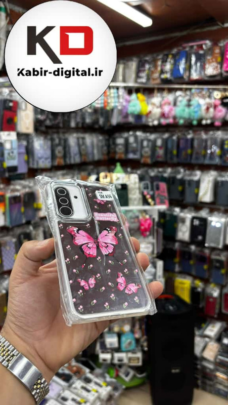 قاب گوشی Galaxy A36/A56 سامسونگ اورجینال فانتزی سخت آینه ای لنز کرومی ایربگ دار طرح پروانه صورتی کیوت
