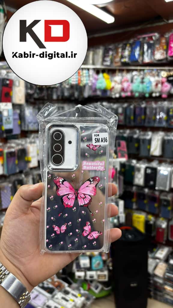 قاب گوشی Galaxy A36/A56 سامسونگ اورجینال فانتزی سخت آینه ای لنز کرومی ایربگ دار طرح پروانه صورتی کیوت