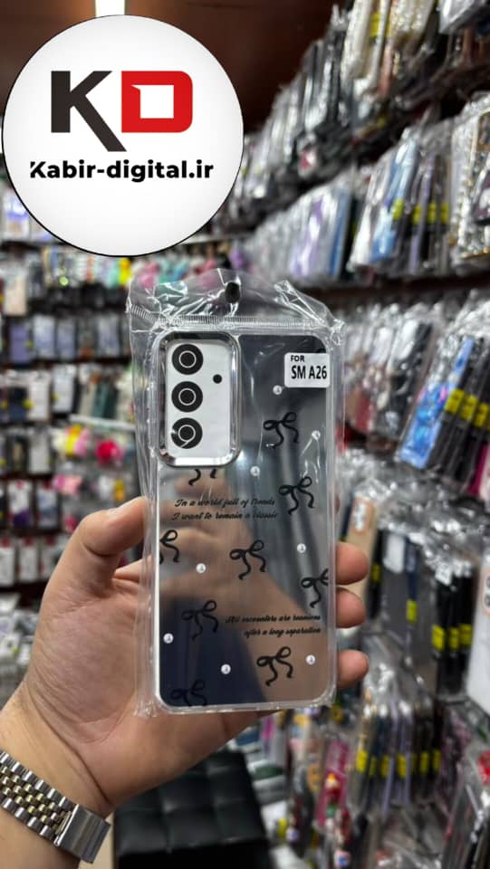 قاب گوشی Galaxy A16 / A26/A17 سامسونگ اورجینال فانتزی سخت آینه ای لنز کرومی ایربگ دار طرح پاپیون مشکی کیوت