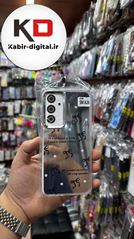 قاب گوشی Galaxy A16 / A26/A17 سامسونگ اورجینال فانتزی سخت آینه ای لنز کرومی ایربگ دار طرح پاپیون مشکی کیوت