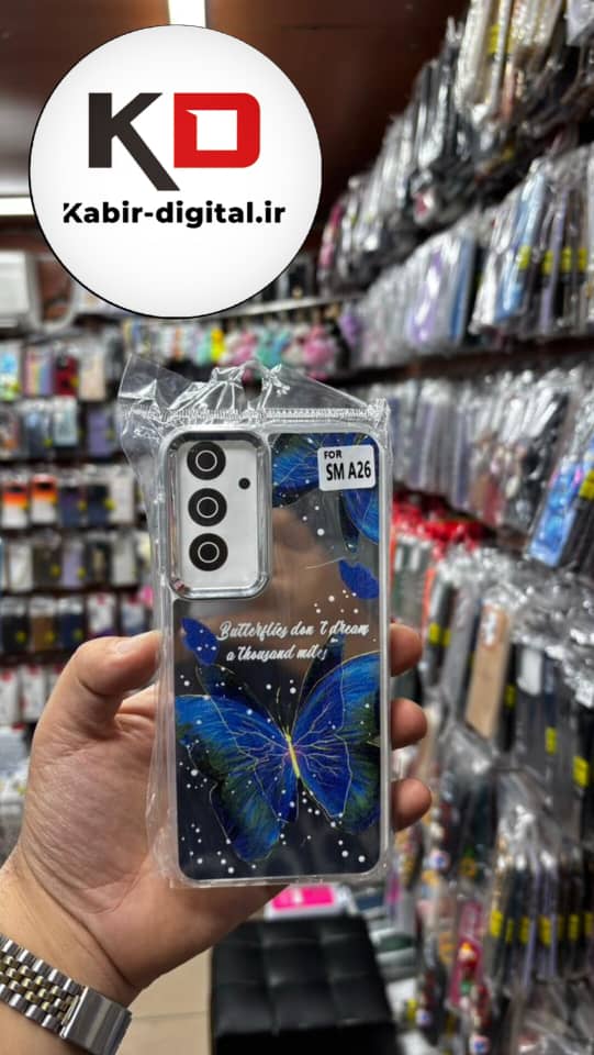 قاب گوشی Galaxy A16 / A26/A17 سامسونگ اورجینال فانتزی سخت آینه ای لنز کرومی ایربگ دار طرح پروانه آبی کیوت