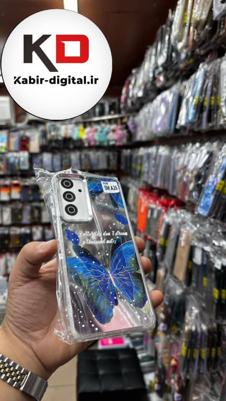 قاب گوشی Galaxy A16 / A26/A17 سامسونگ اورجینال فانتزی سخت آینه ای لنز کرومی ایربگ دار طرح پروانه آبی کیوت