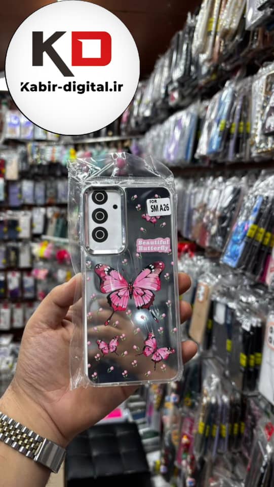 قاب گوشی Galaxy A16 / A26/A17 سامسونگ اورجینال فانتزی سخت آینه ای لنز کرومی ایربگ دار طرح پروانه صورتی کیوت