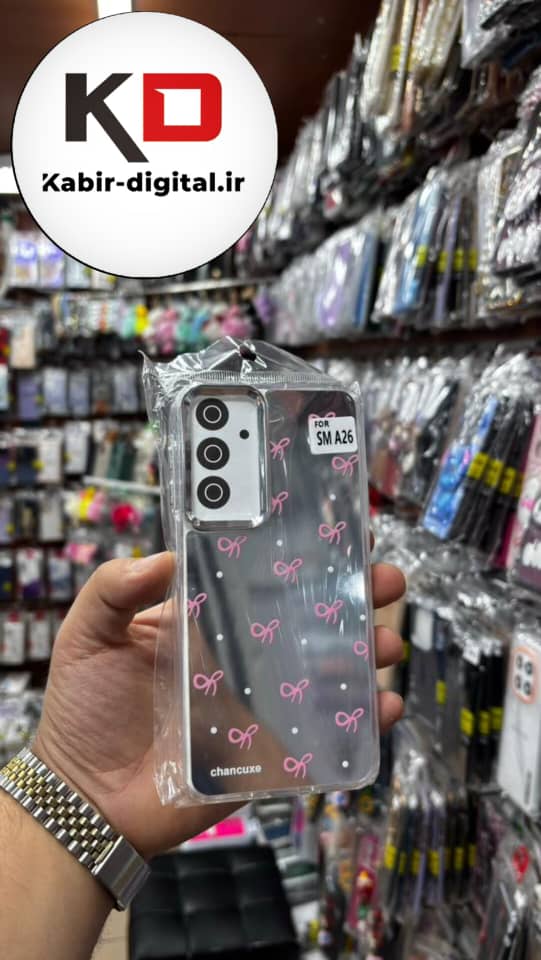 قاب گوشی Galaxy A16 / A26/A17 سامسونگ اورجینال فانتزی سخت آینه ای لنز کرومی ایربگ دار طرح پاپیون صورتی کیوت