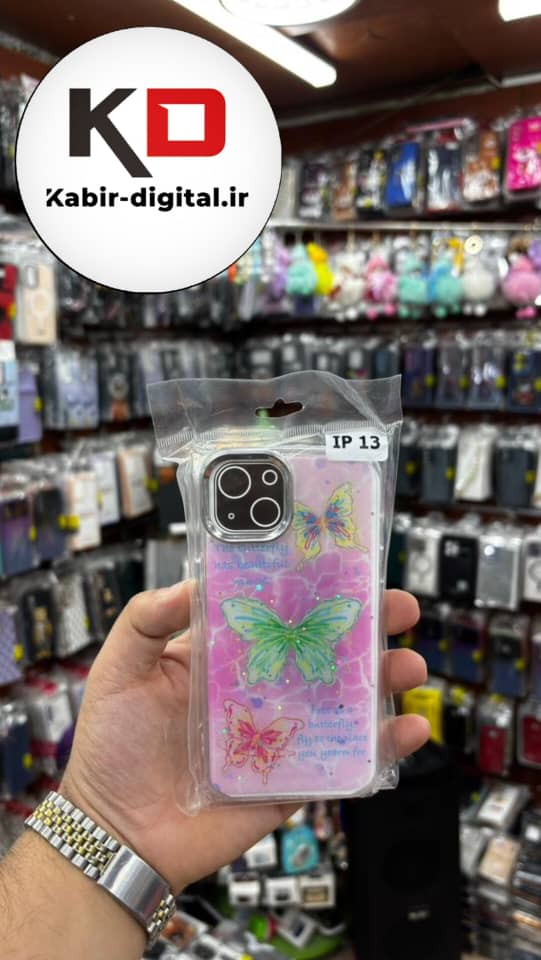 قاب گوشی iPhone 13/14/15 آیفون لاکچری فانتزی رزینی طرح پروانه ایی لنز کرومی