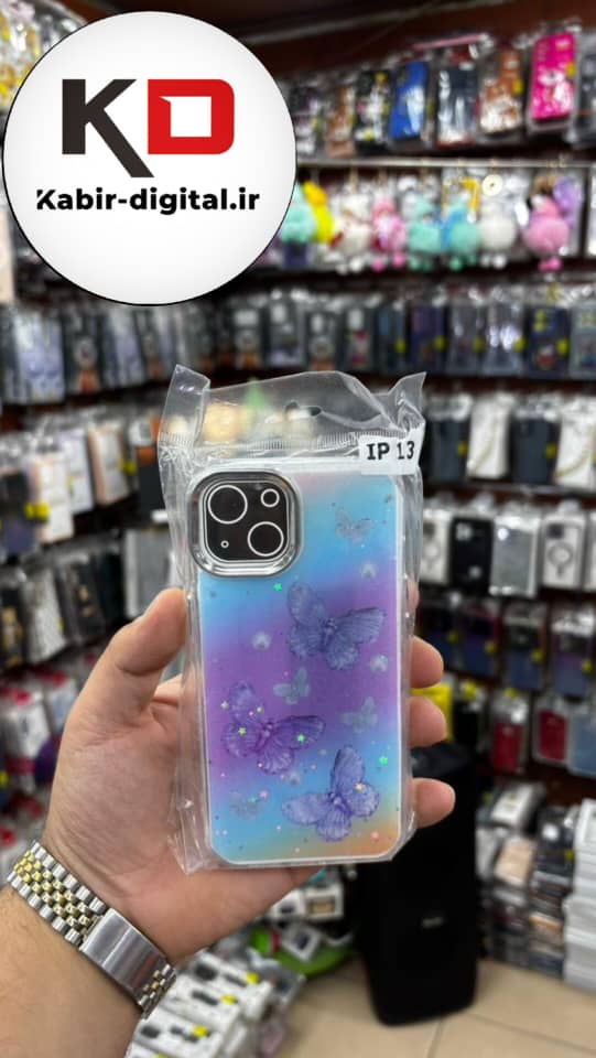قاب گوشی iPhone 13/14/15 آیفون لاکچری فانتزی رزینی طرح پروانه ایی لنز کرومی