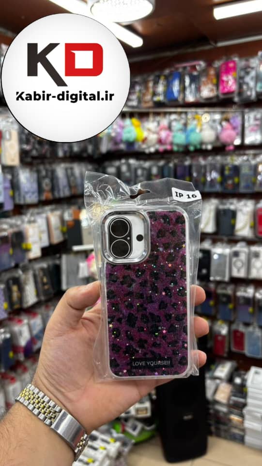 قاب گوشی iPhone 16 آیفون لاکچری فانتزی رزینی طرح پلنگی بنفش لنز کرومی