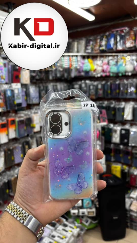 قاب گوشی iPhone 16 آیفون لاکچری فانتزی رزینی طرح پروانه ایی لنز کرومی