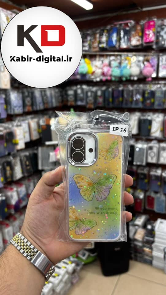 قاب گوشی iPhone 16 آیفون لاکچری فانتزی رزینی طرح پروانه ایی لنز کرومی