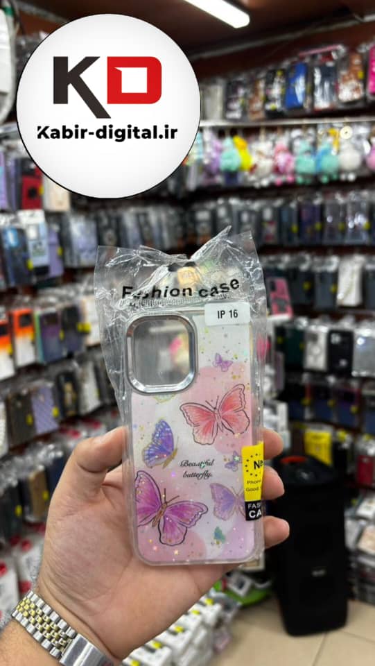 قاب گوشی iPhone 16 آیفون لاکچری فانتزی رزینی طرح پروانه ایی لنز کرومی