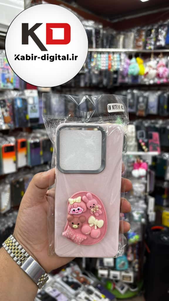 قاب گوشی Redmi Note 14 4g شیائومی لدر دیزاین SOFT Lether Design سیلیکونی پاپ سوکت دار عروسکی طرح چرم صورتی کم رنگ