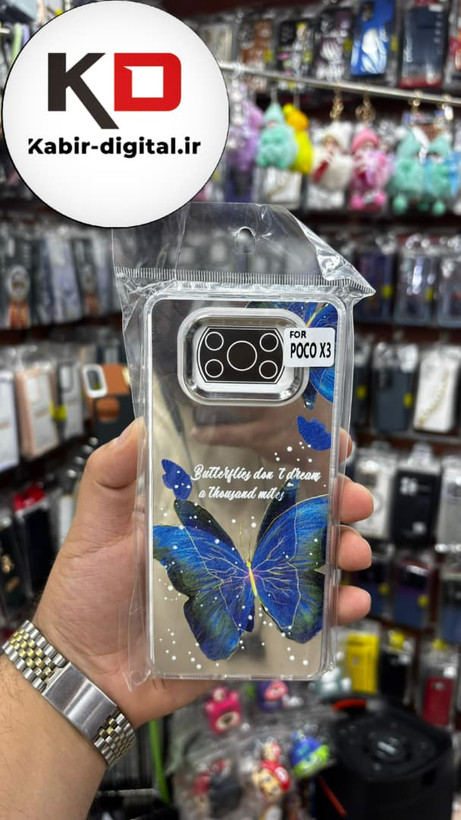 قاب گوشی POCO X3 /POCO X3 Pro شیائومی لاکچری فانتزی رزینی طرح پروانه آبی لنز کرومی