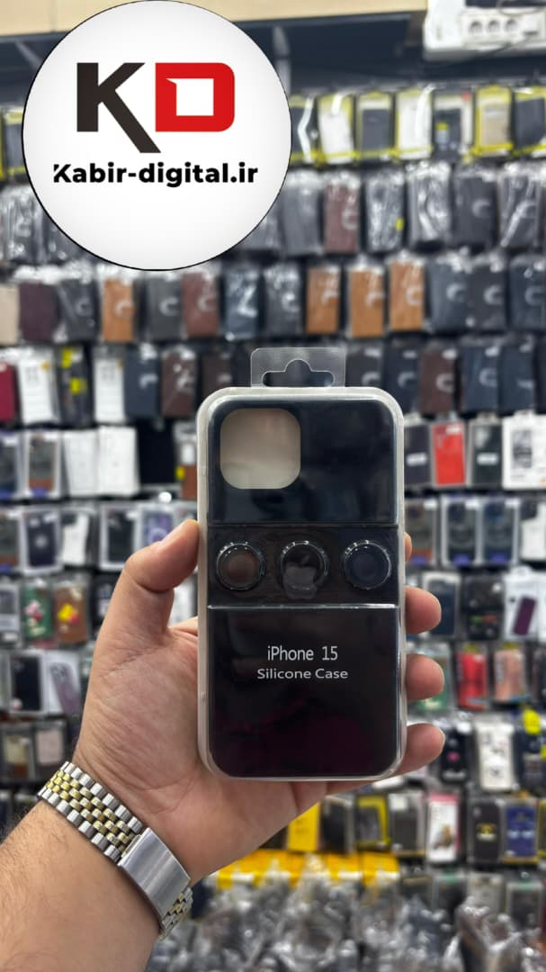 قاب سیلیکونی اورجینال با ست محافظ لنز رینگی Apple iPhone 15 - مشکی (پک دار)