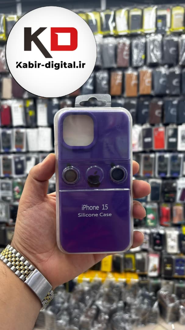 قاب سیلیکونی اورجینال با ست محافظ لنز رینگی Apple iPhone 15 - بنفش تیره (پک دار)