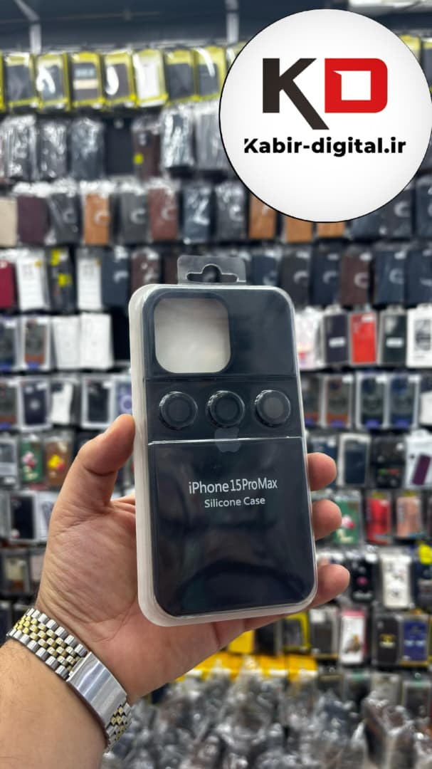 قاب سیلیکونی اورجینال با ست محافظ لنز رینگی Apple iPhone 15 Pro Max- مشکی (پک دار)
