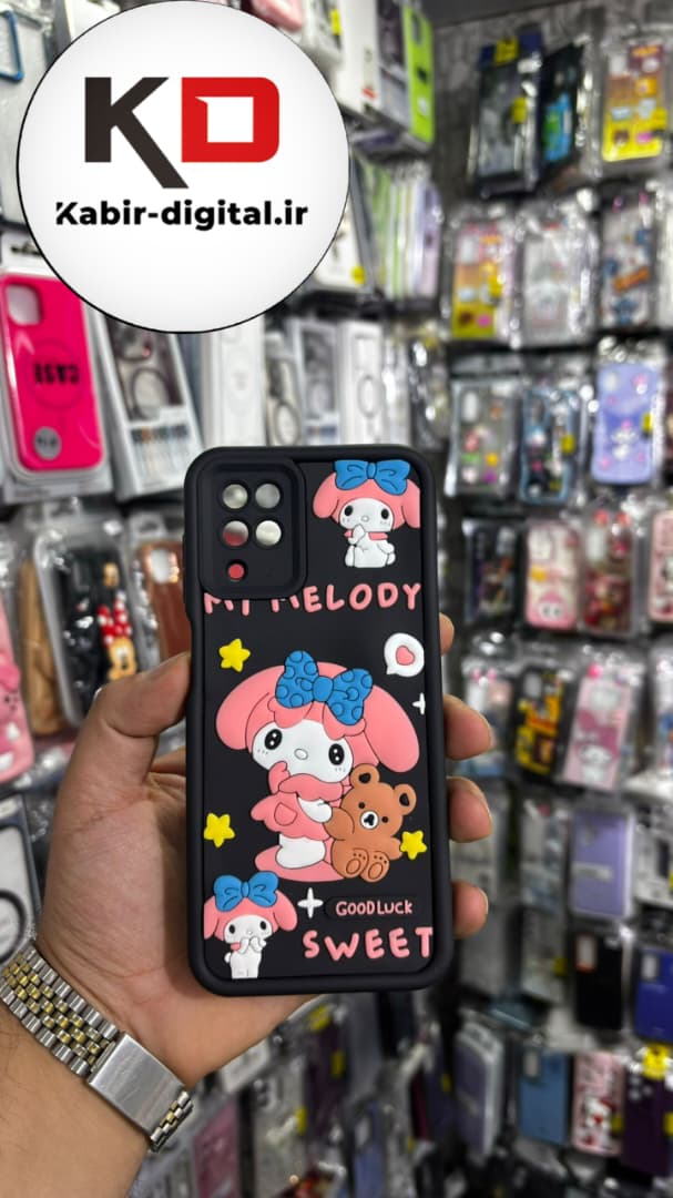 قاب گوشی Galaxy A12/M12 سامسونگ طرح سیلیکونی Solid عروسکی برجسته محافظ لنز دار طرح ملودی صورتی مشکی