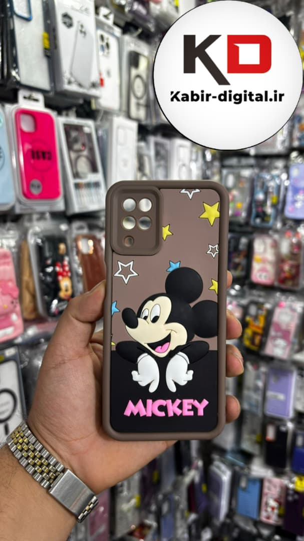 قاب گوشی Galaxy A12/M12 سامسونگ طرح سیلیکونی Solid عروسکی برجسته محافظ لنز دار طرح میکی موس قهوه ایی