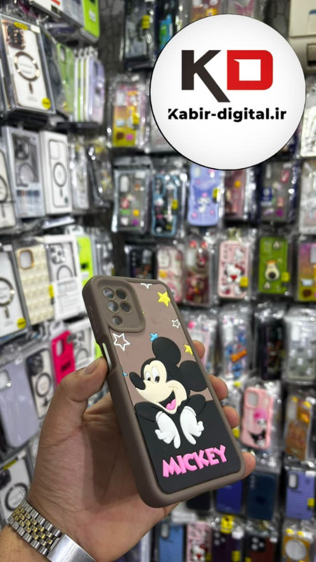 قاب گوشی Galaxy A22 4G / M32 سامسونگ طرح سیلیکونی Solid عروسکی برجسته محافظ لنز دار طرح میکی موس قهوه ایی