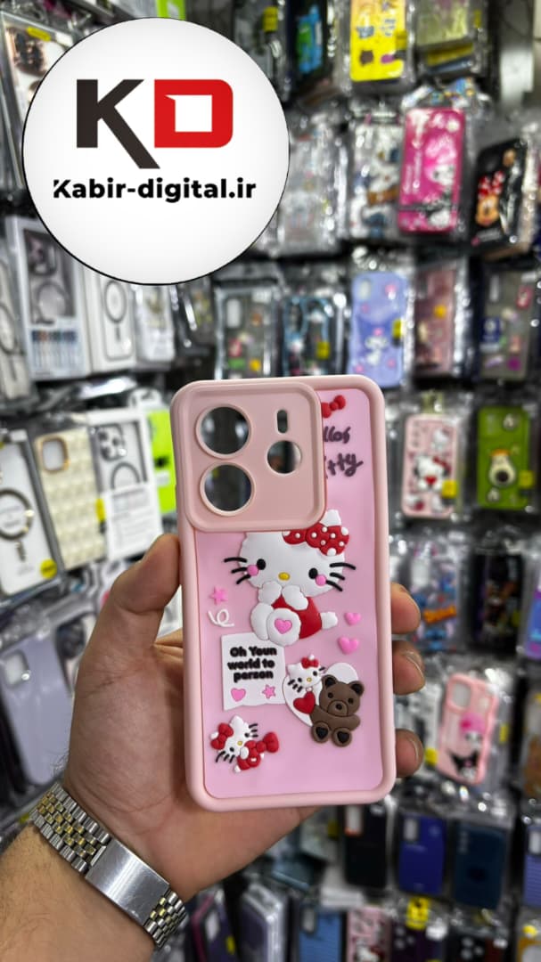 قاب گوشی Redmi Note 14 4G شیائومی طرح سیلیکونی Solid عروسکی برجسته محافظ لنزدار طرح هلوکیتی صورتی