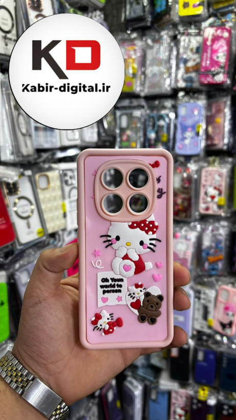 قاب گوشی Redmi Note 14 Pro 4G شیائومی طرح سیلیکونی Solid عروسکی برجسته محافظ لنزدار طرح هلوکیتی صورتی