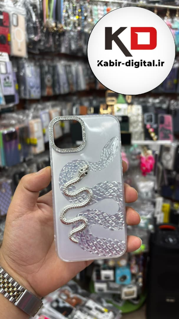 قاب گوشی iPhone 13/14 آیفون اورجینال فانتزی سخت لنز کرومی نگین دار ایربگ دار طرح مار