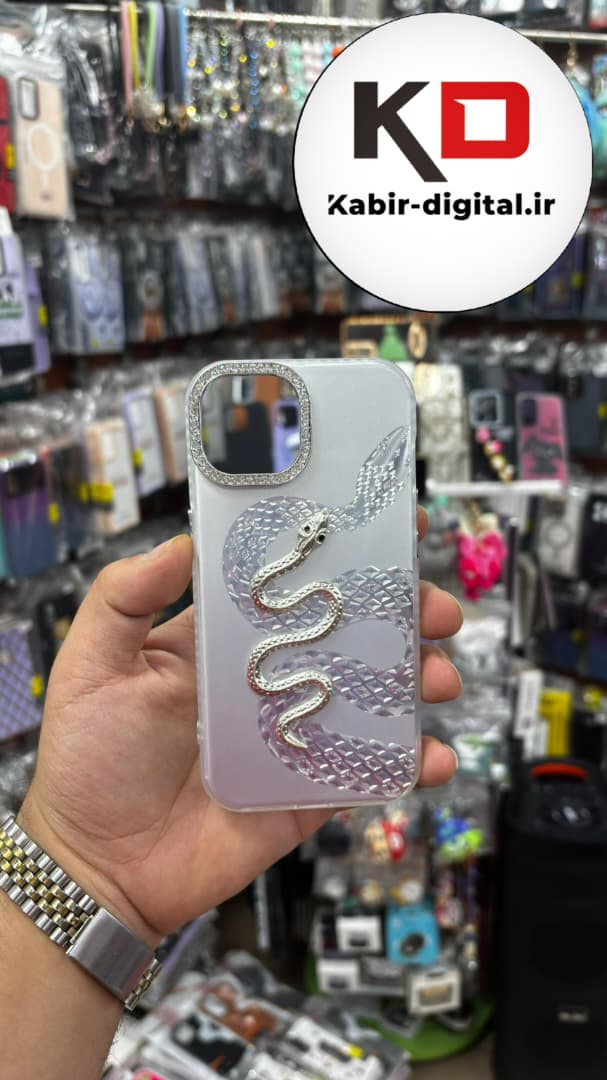 قاب گوشی iPhone 13/14/15 آیفون اورجینال فانتزی سخت لنز کرومی نگین دار ایربگ دار طرح مار