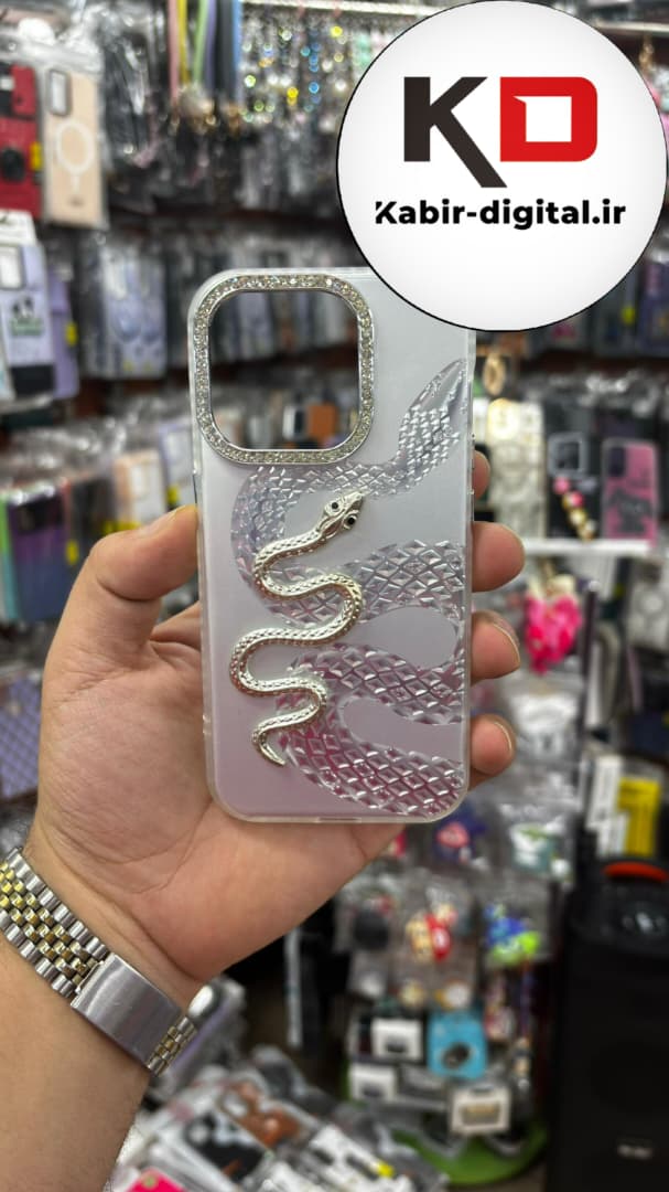 قاب گوشی iPhone 15 Pro آیفون اورجینال فانتزی سخت لنز کرومی نگین دار ایربگ دار طرح مار