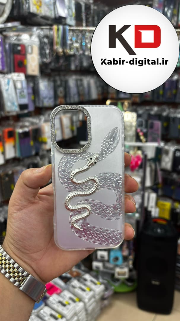قاب گوشی iPhone 16 آیفون اورجینال فانتزی سخت لنز کرومی نگین دار ایربگ دار طرح مار