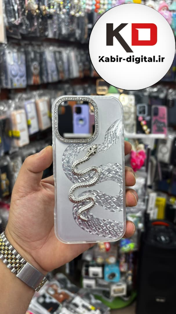 قاب گوشی iPhone 16 Pro آیفون اورجینال فانتزی سخت لنز کرومی نگین دار ایربگ دار طرح مار