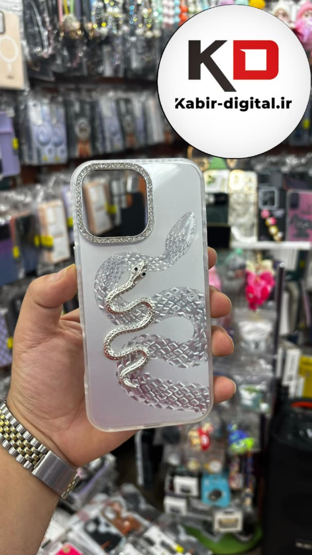 قاب گوشی iPhone 16 Pro Max آیفون اورجینال فانتزی سخت لنز کرومی نگین دار ایربگ دار طرح مار