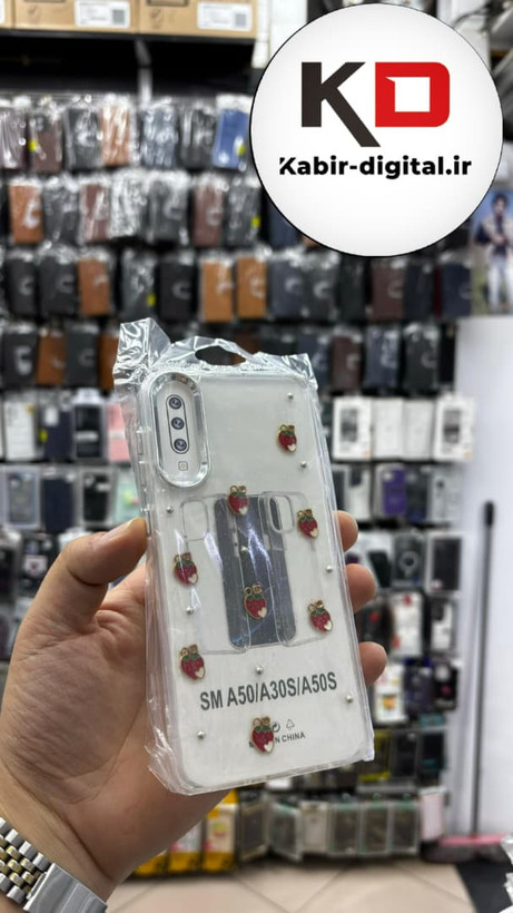 قاب گوشی Galaxy A50/A50s/A30s سامسونگ لاکچری شفاف رزینی طرح شاین لنز کرومی طرح توت فرنگی