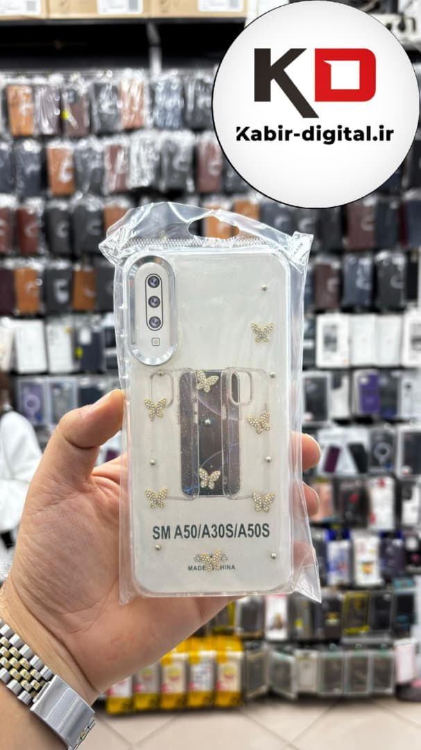 قاب گوشی Galaxy A50/A50s/A30s سامسونگ لاکچری شفاف رزینی طرح شاین لنز کرومی طرح پروانه نگین دار